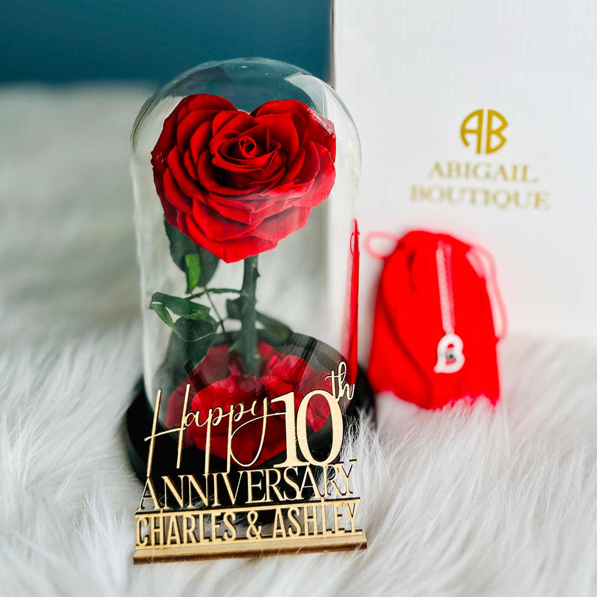 Personalized Anniversary Name Tag with Heart-Shaped Preserved Rose in Glass Dome &amp; “I Love You” Necklace – Personalized or Standard | English &amp; Spanish Options