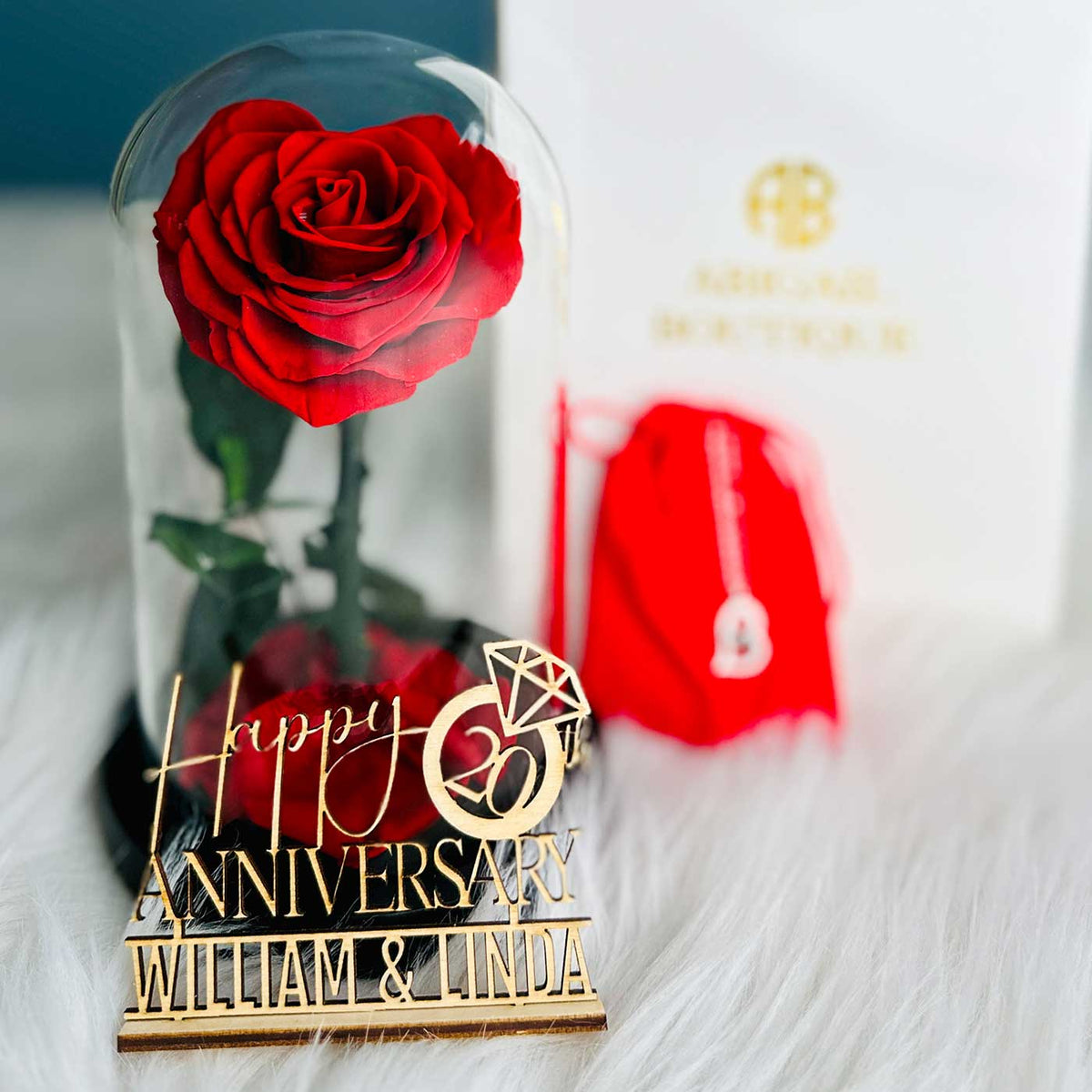 Personalized Anniversary Name Tag with Heart-Shaped Preserved Rose in Glass Dome &amp; “I Love You” Necklace – Personalized or Standard | English &amp; Spanish Options