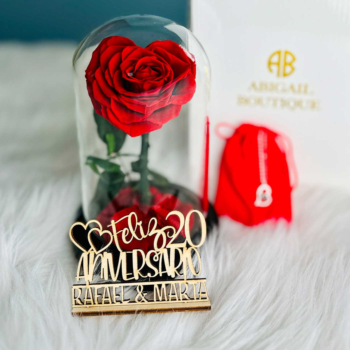 Personalized Anniversary Name Tag with Heart-Shaped Preserved Rose in Glass Dome &amp; “I Love You” Necklace – Personalized or Standard | English &amp; Spanish Options