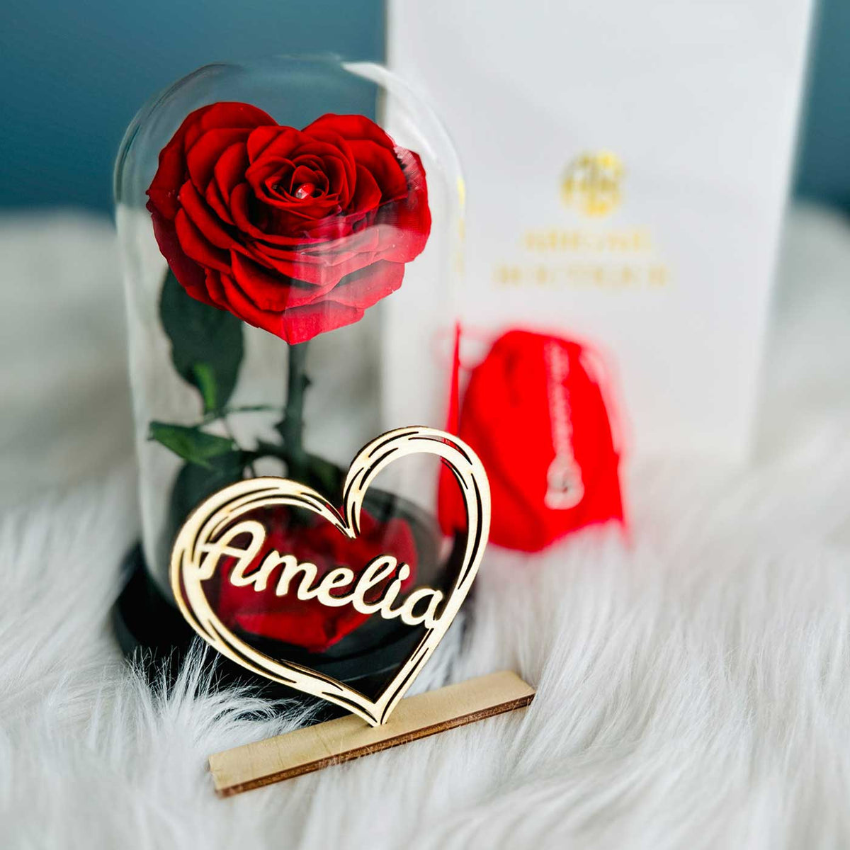 Personalized Anniversary Name Tag with Heart-Shaped Preserved Rose in Glass Dome &amp; “I Love You” Necklace – Personalized or Standard | English &amp; Spanish Options