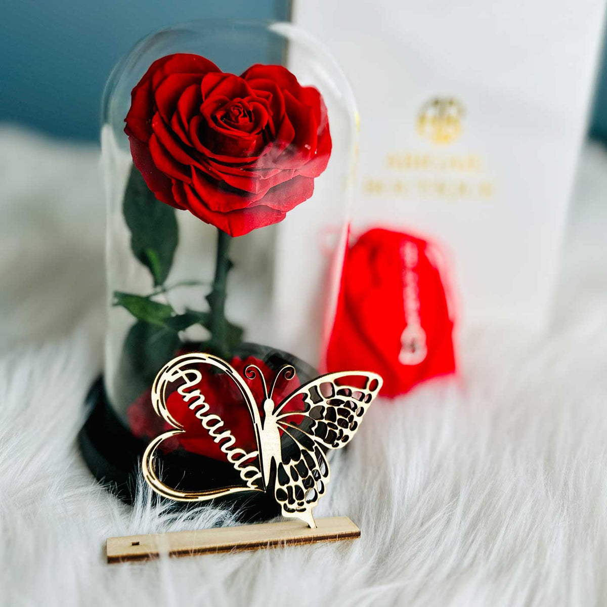 Personalized Anniversary Name Tag with Heart-Shaped Preserved Rose in Glass Dome &amp; “I Love You” Necklace – Personalized or Standard | English &amp; Spanish Options