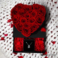 Preserved Red Roses In A Luxury Love Heart Shaped Box & Heart Necklace