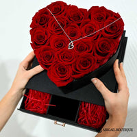 16 Red Preserved Roses In A Luxury Love Heart Shaped Box With A Heart Necklace