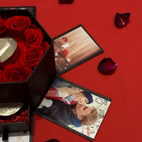 8 Red Preserved Roses In A Luxury Love Surprise Photo Box With A Lucky Heart Necklace