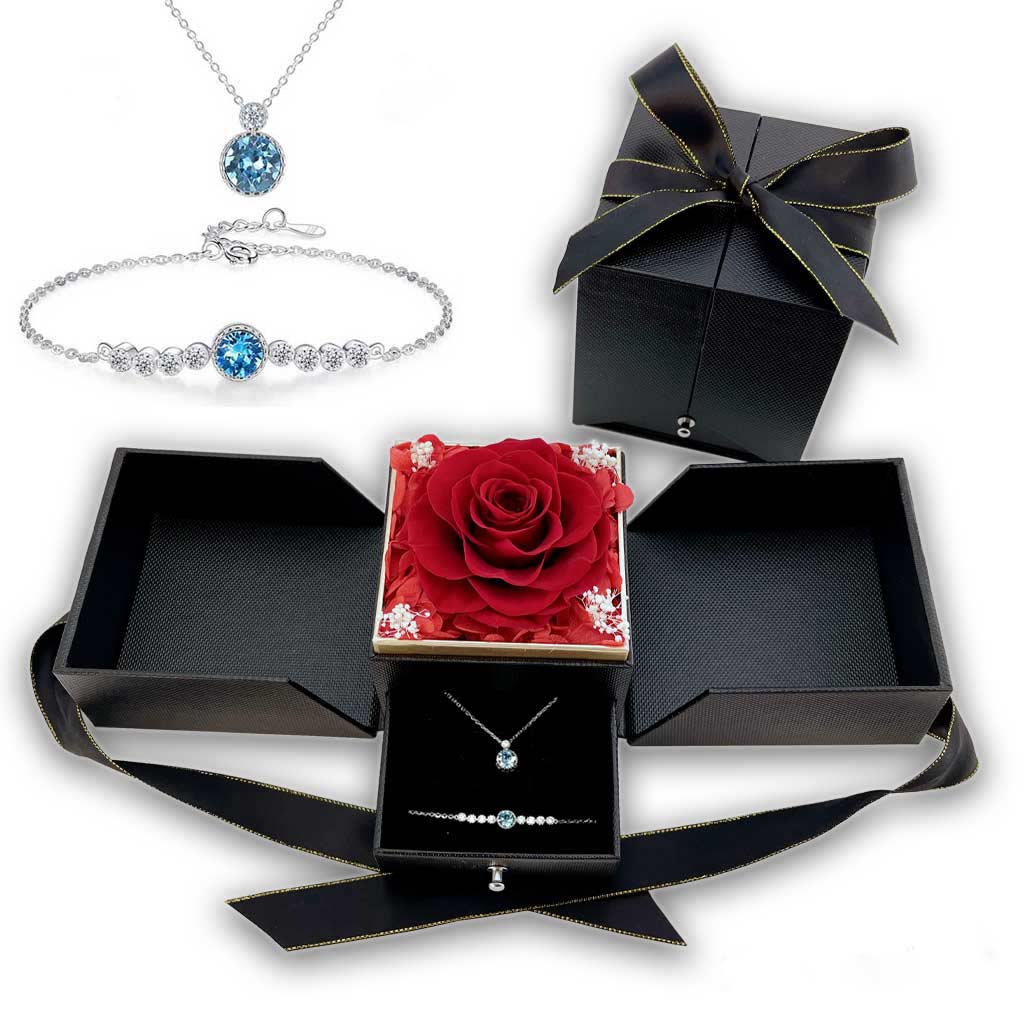 Sterling Silver and Crystal Ocean Drop Necklace With Preserved Rose Jewelry Box