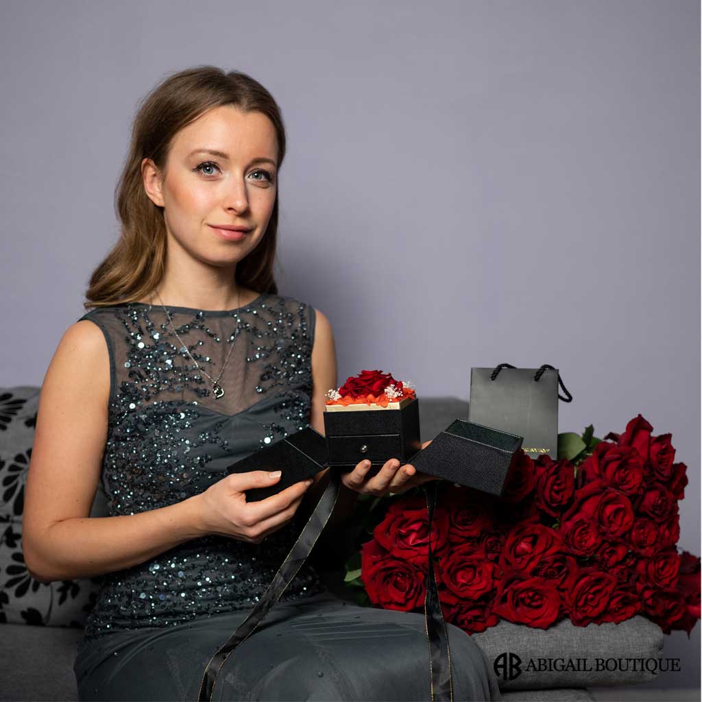 Sterling Silver and Crystal Ocean Drop Necklace With Preserved Rose Jewelry Box