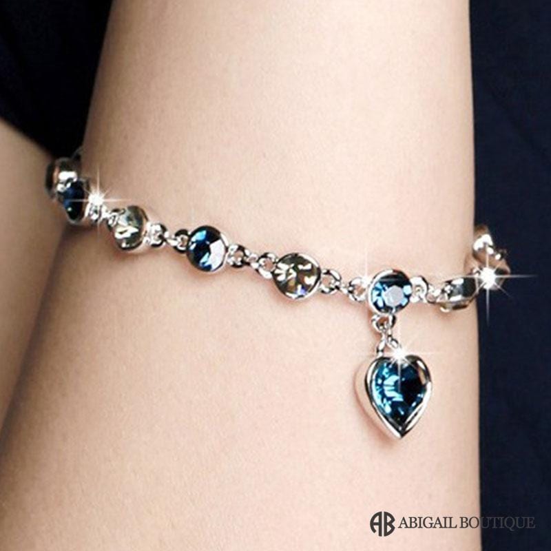 Crystal Blue Heart Charm Bracelet