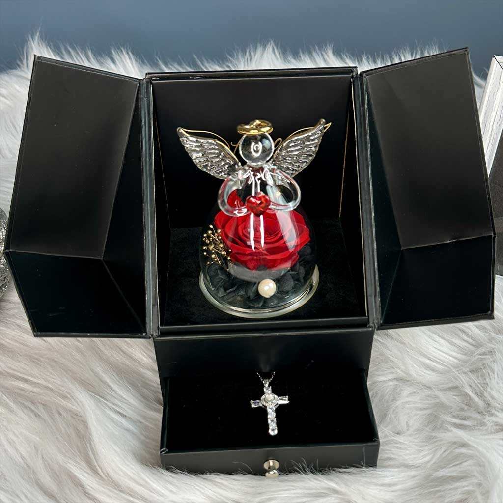Crystal Angel And Preserved Rose With Lord&#39;s Prayer Cross Necklace