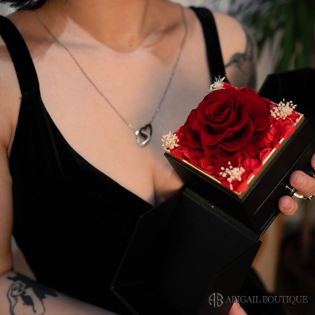 Double Hearts Necklace With Preserved XL Red Rose Jewelry Box