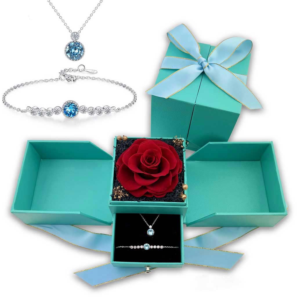 Sterling Silver and Crystal Ocean Drop Necklace With Preserved Rose Jewelry Box
