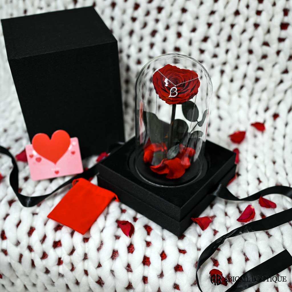 Heart Shape Preserved Rose In Glass Dome With Heart Love Necklace