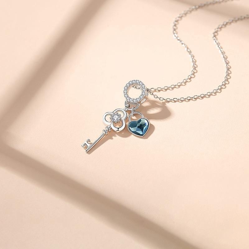 Sterling Silver &amp; High Grade AAA Zircon Crystal Key Necklace With Heart Charm