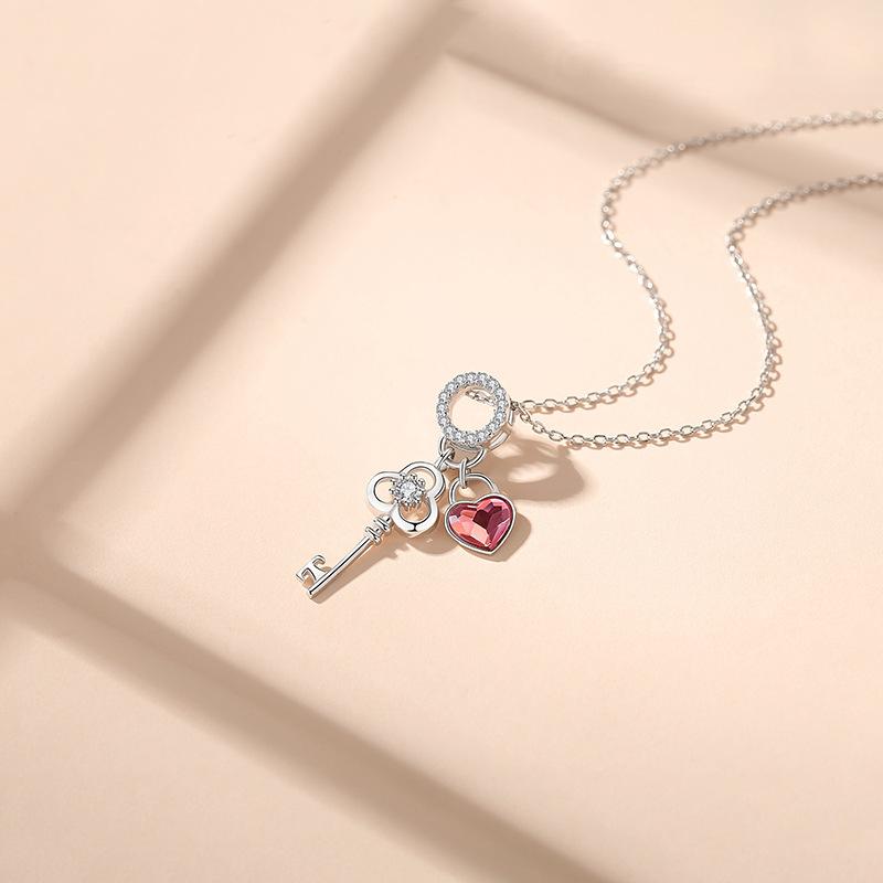 Sterling Silver & Swarovski Crystal Key Necklace With Heart Charm