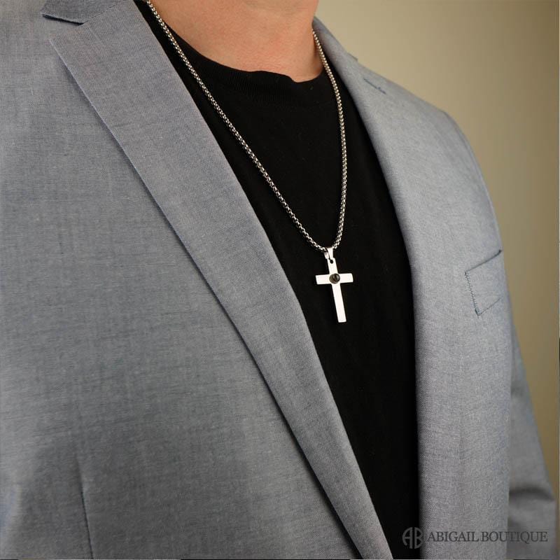 Polished Stainless Steel Lord's Prayer Cross Necklace For Man.