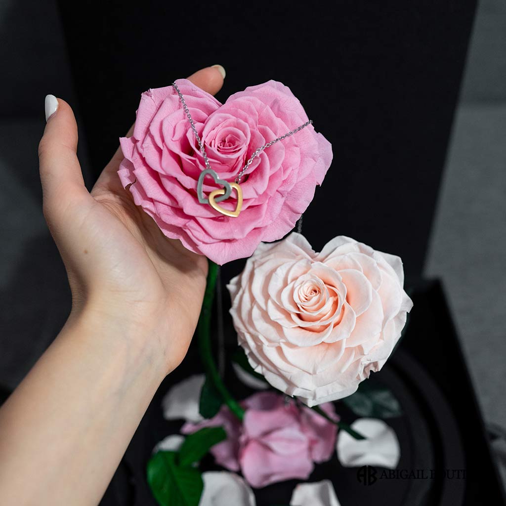 XL HEART SHAPED PRESERVED ROSES IN GLASS DOME WITH DOUBLE HEARTS NECKLACE