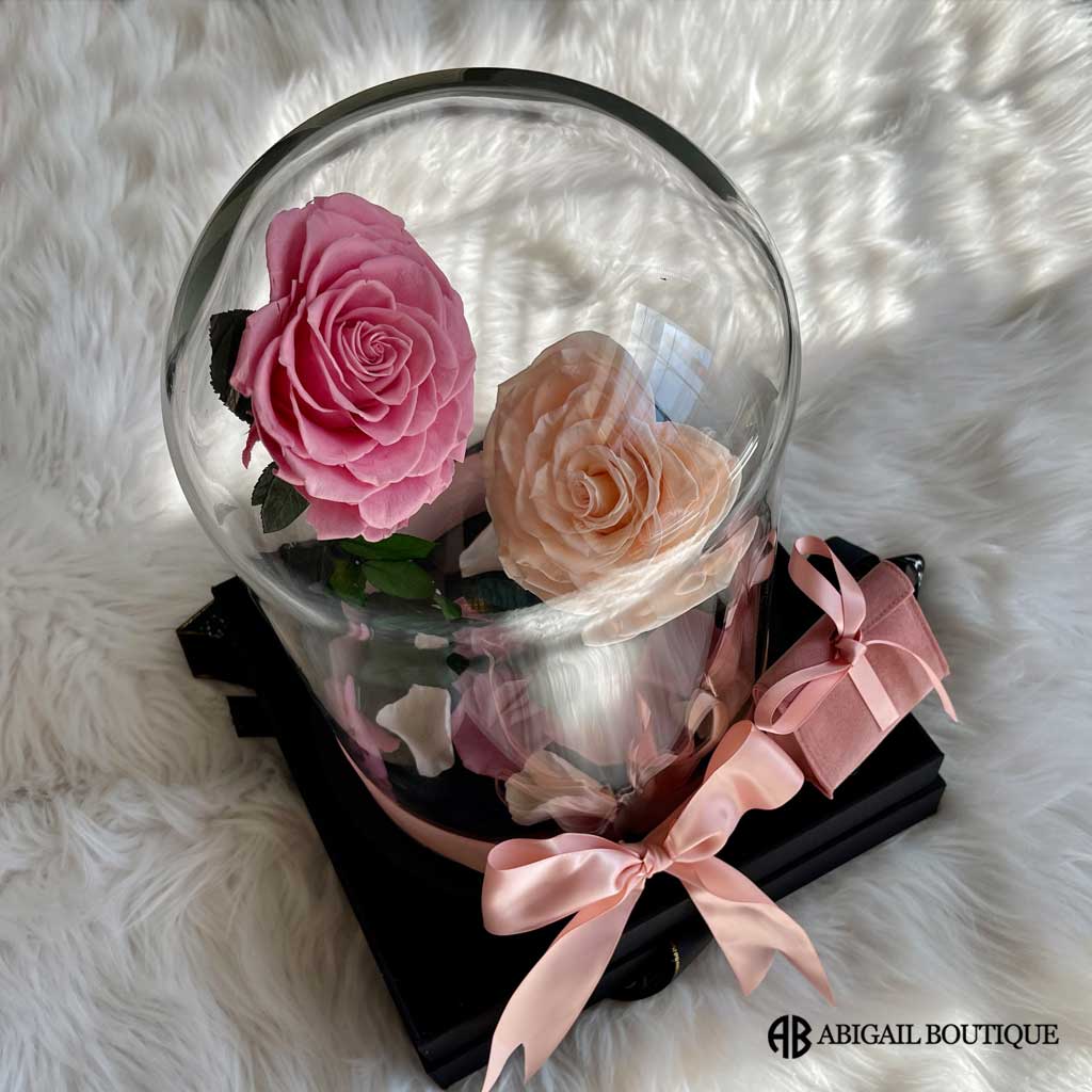 XL HEART SHAPED PRESERVED ROSES IN GLASS DOME WITH DOUBLE HEARTS NECKLACE