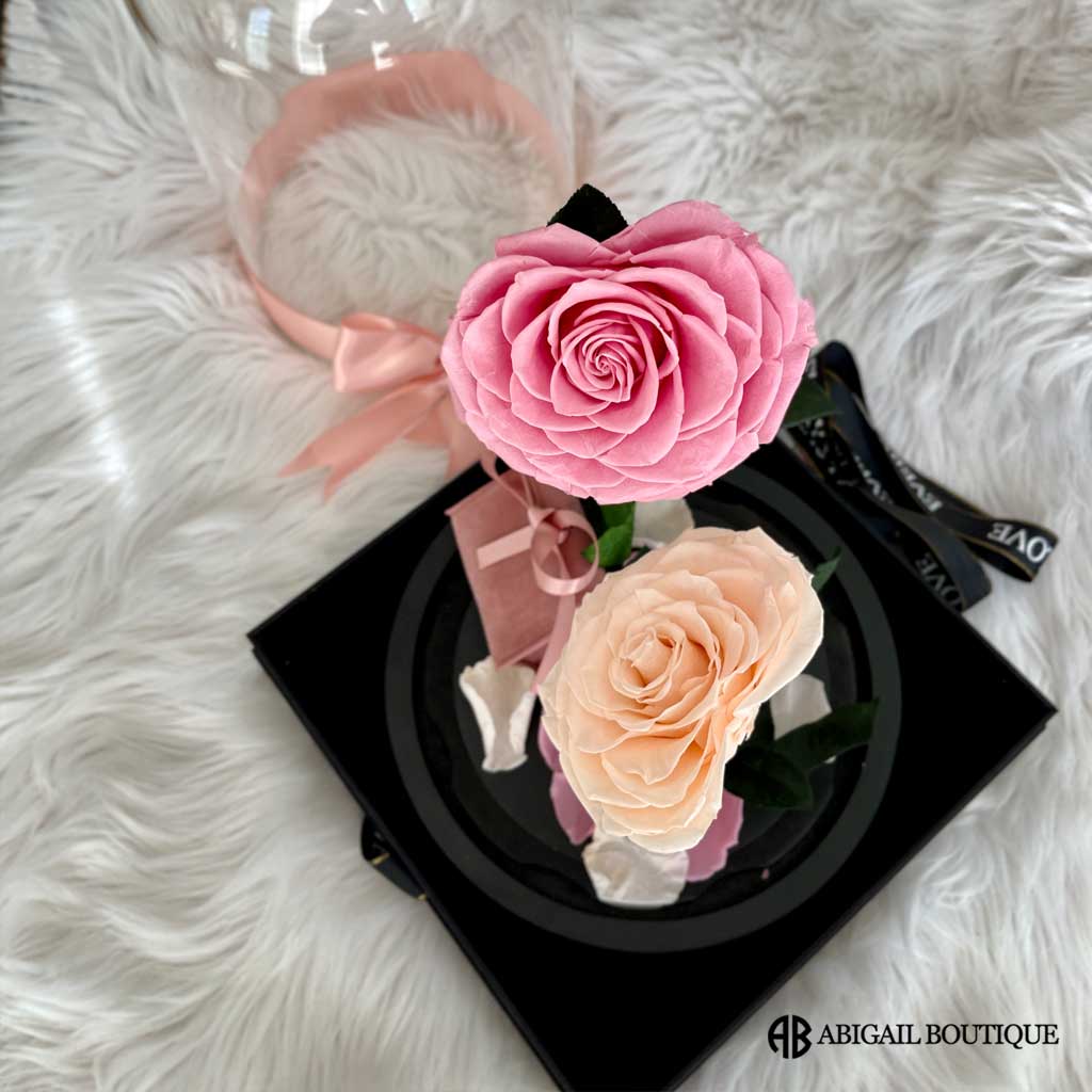 XL HEART SHAPED PRESERVED ROSES IN GLASS DOME WITH DOUBLE HEARTS NECKLACE