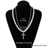 7-8mm Shell Pearl Strand Necklace with 14K Gold Plated Cross Pendant.