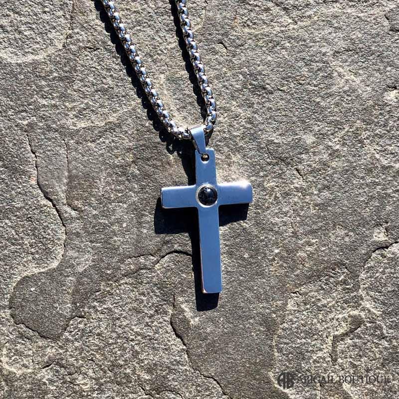 Polished Stainless Steel Lord&#39;s Prayer Cross Necklace For Man.