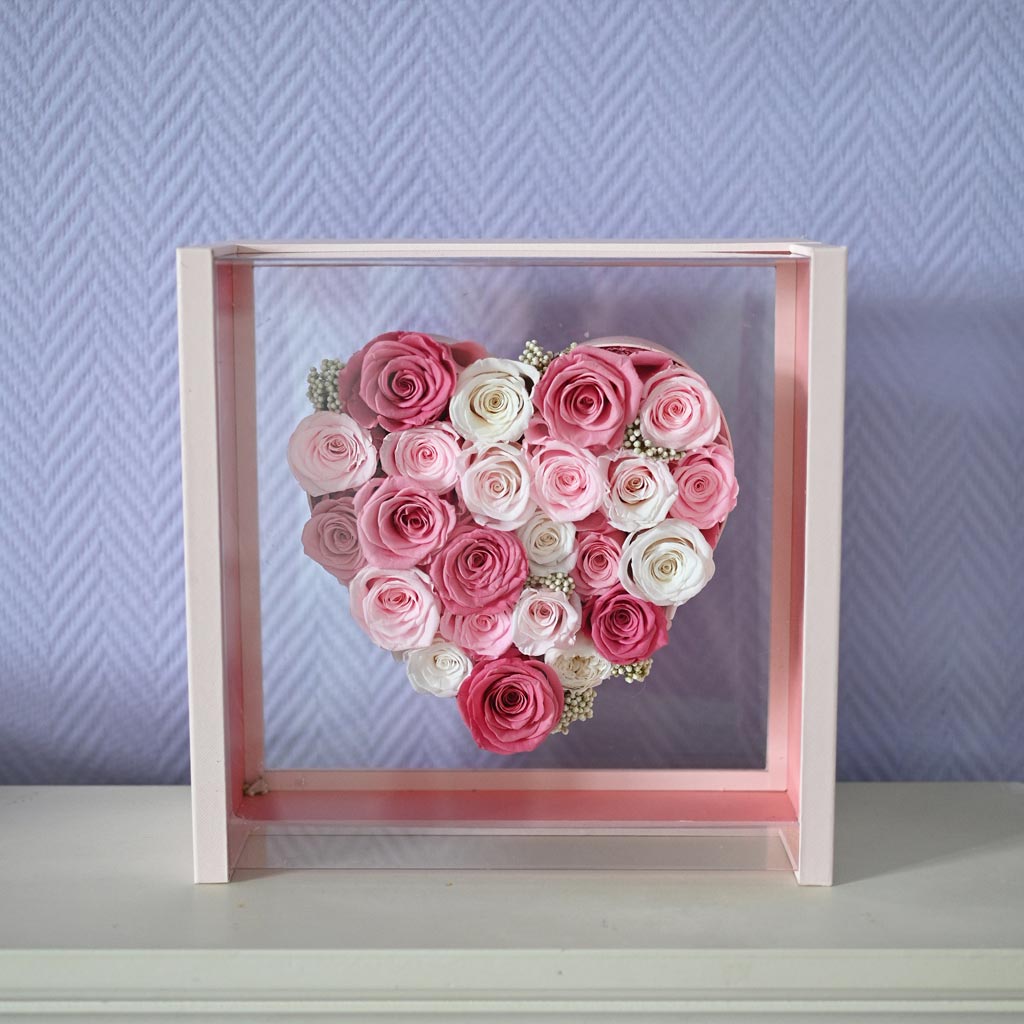 Preserved Roses In A Lux Floating Heart Shaped Box With A Sunflower Necklace