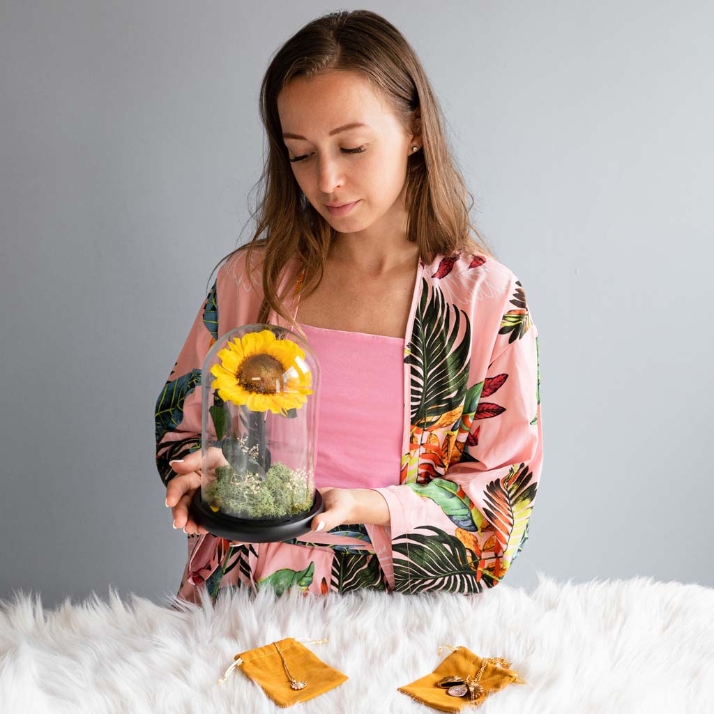 Preserved Sunflower In Glass Dome With Sunflower Necklace