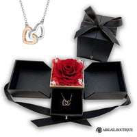 Double Hearts Necklace With Preserved XL Red Rose Jewelry Box