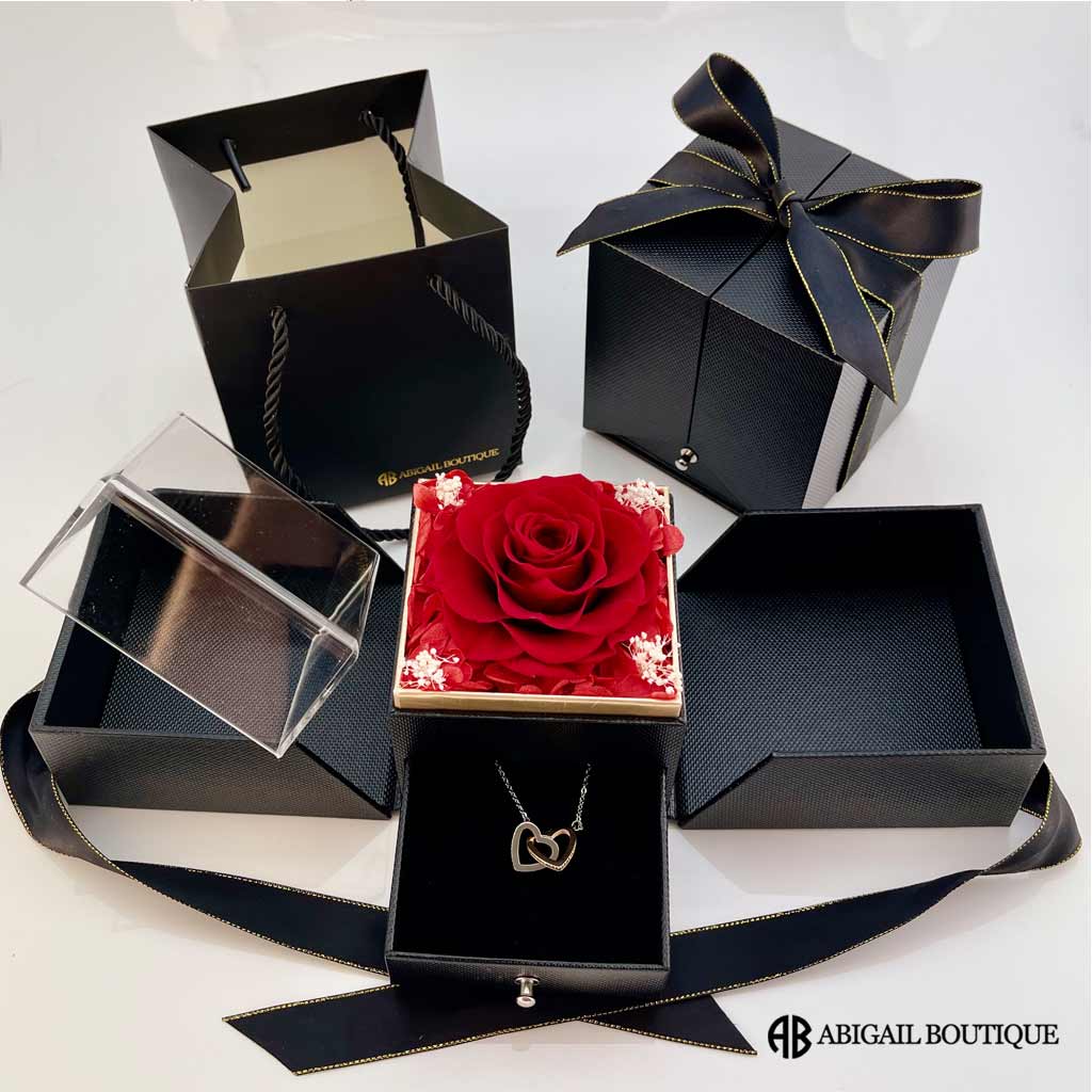 Double Hearts Necklace With Preserved XL Red Rose Jewelry Box