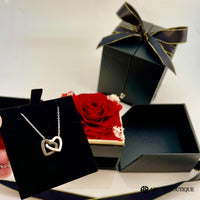 Double Hearts Necklace With Preserved XL Red Rose Jewelry Box