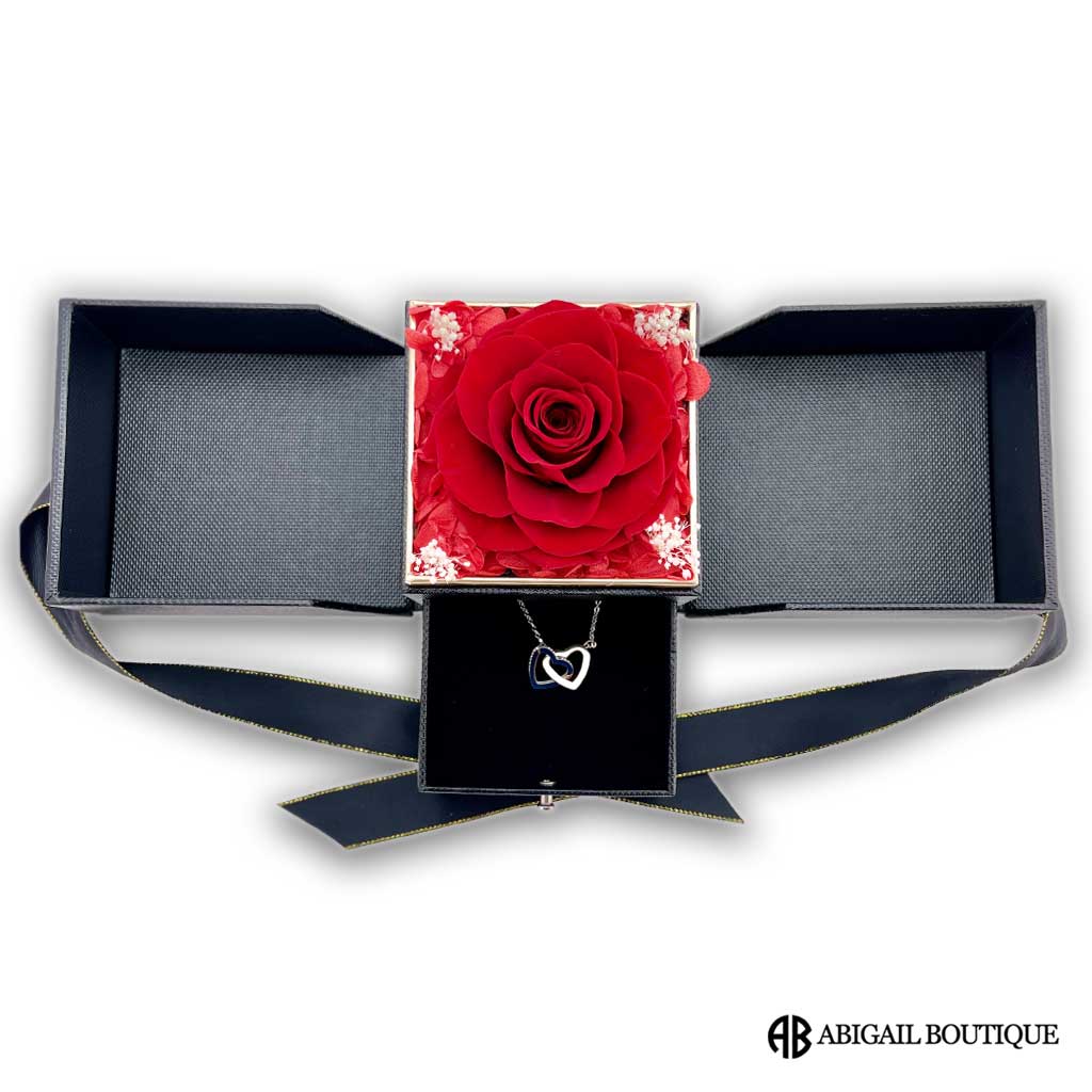 Double Hearts Necklace With Preserved XL Red Rose Jewelry Box