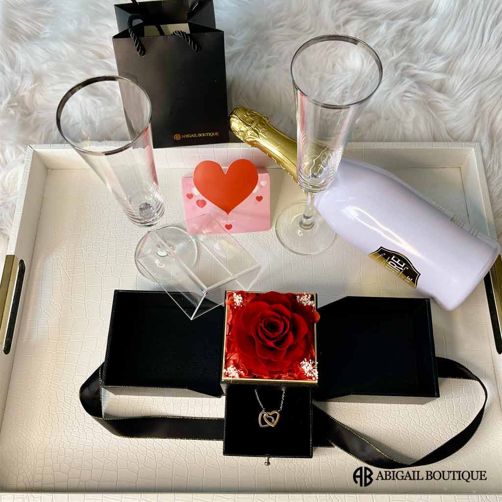 Double Hearts Necklace With Preserved XL Red Rose Jewelry Box