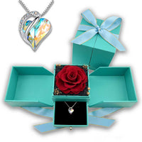Rainbow Crystal Heart Love Necklace With Forever Blossom Preserved XL Red Rose Jewelry Box