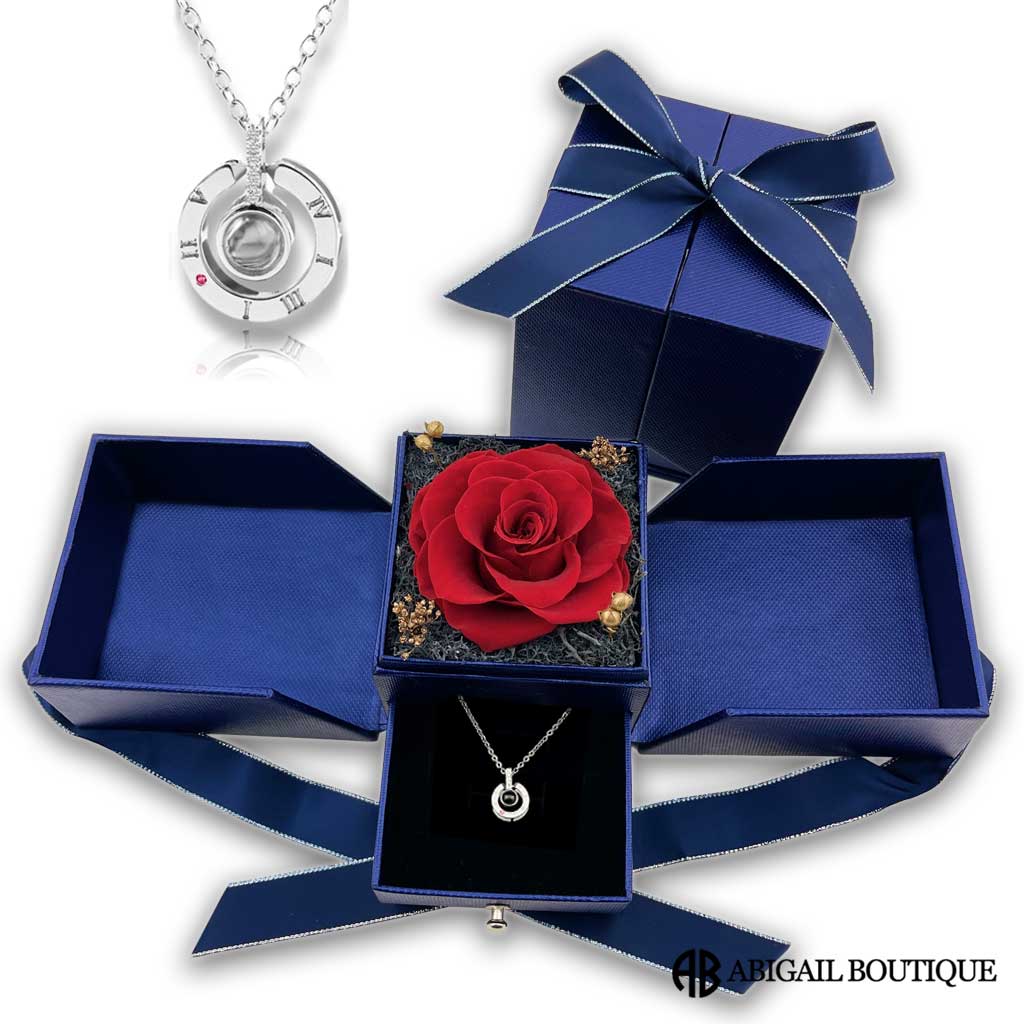 I Love You In 100 Languages Necklace Preserved XL Forever Rose Box