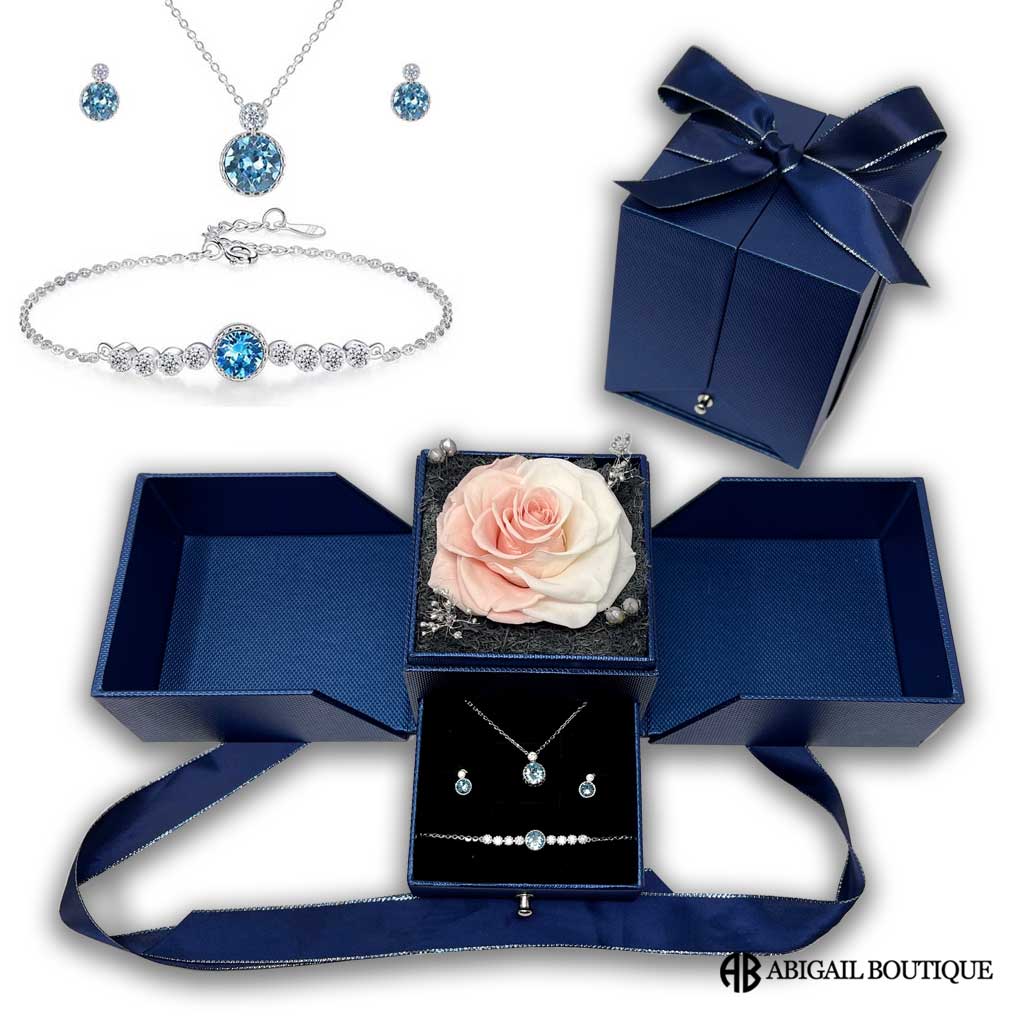 Blue Swarovski Crystal Ocean Drop Necklace Set In Sterling Silver With Forever Blossom Preserved Rose Jewelry Box