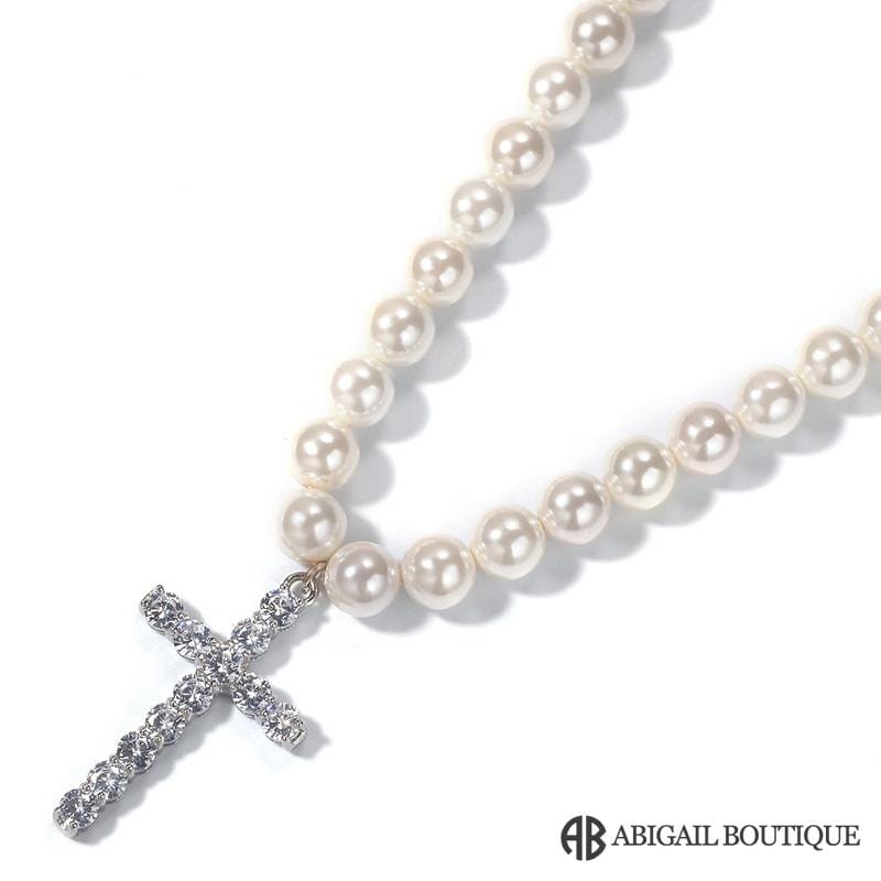7-8mm Shell Pearl Strand Necklace with 14K Gold Plated Cross Pendant.